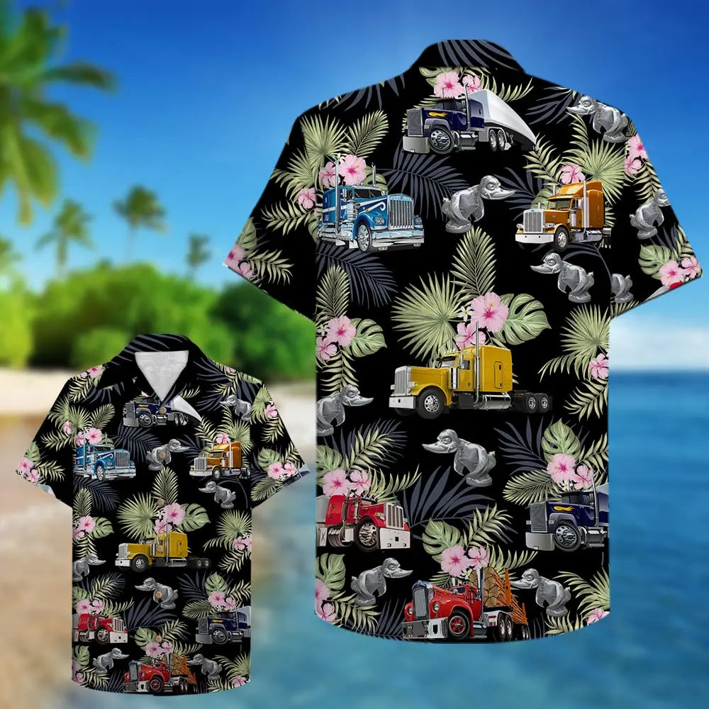 Island Trucker Semitruck Pattern Aloha Hawaiian Shirt For Island Vacations, Resort Wear, And Relaxed Seasonal Style