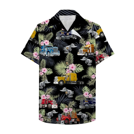 Island Trucker Semitruck Pattern Aloha Hawaiian Shirt For Island Vacations, Resort Wear, And Relaxed Seasonal Style