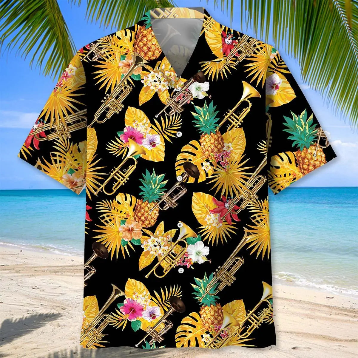 Tropical Trumpet Yellow Hawaiian Shirt For Island Vacations, Resort Wear, And Relaxed Seasonal Style