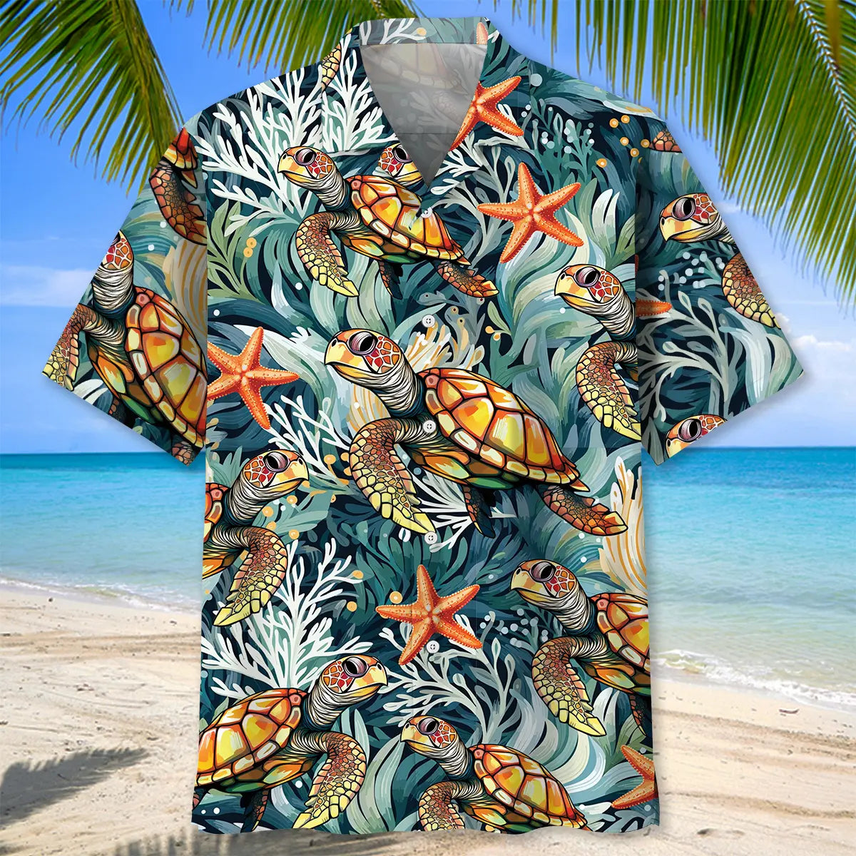 Turtle Coral Starfish Hawaiian Shirt For Summer Road Trip, Tropical Holiday, And Travel Ready Style
