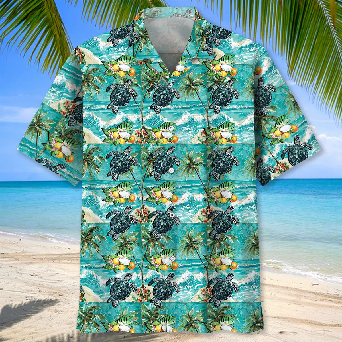 Turtle Tropical Beach Hawaiian Shirt For Warm Weather Outing, Summer Road Trip, And Weekend Wear