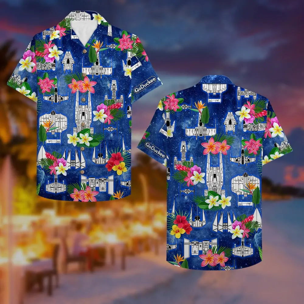 Floral Island Summer Aloha Spaceship Pattern Hawaiian Shirt For Summer Vacation, Beach Travel, And Casual Wear