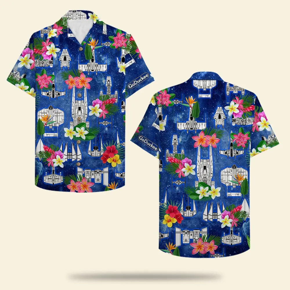 Floral Island Summer Aloha Spaceship Pattern Hawaiian Shirt For Summer Vacation, Beach Travel, And Casual Wear