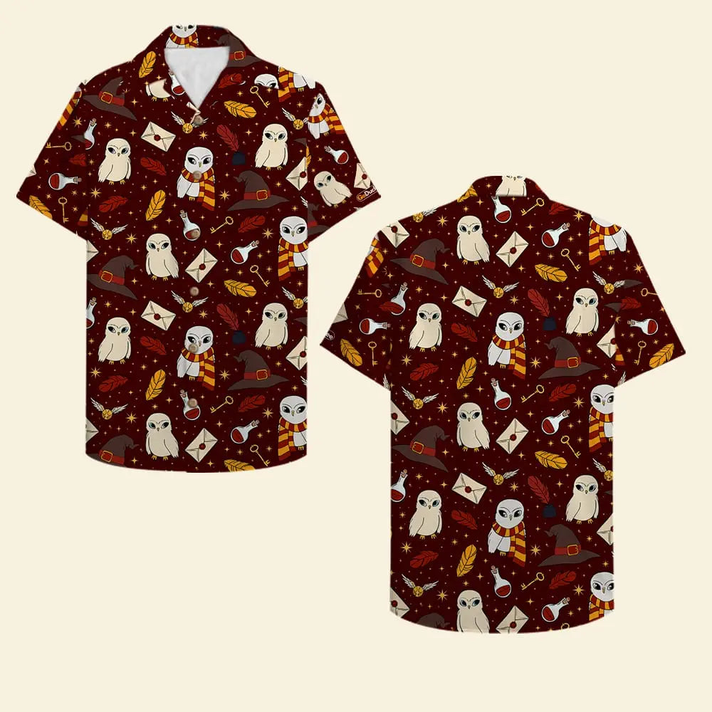 Island Summer Aloha Hat Owl Seamless Pattern Fans Hawaiian Shirt For Summer Vacation, Beach Travel, And Casual Wear