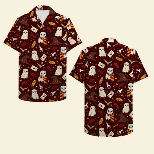 Island Summer Aloha Hat Owl Seamless Pattern Fans Hawaiian Shirt For Summer Vacation, Beach Travel, And Casual Wear