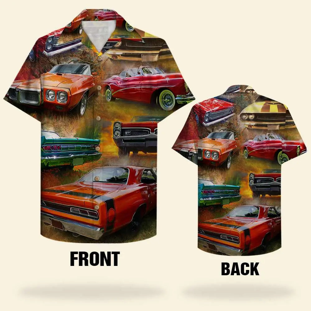 Island Summer Aloha Muscle Car Pattern Hawaiian Shirt For Resort Trips, Coastal Parties, And Warm Weather Style