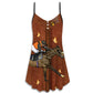 Horse Racing Club Leather V-Neck Sleeveless Cami Dress For Vacations And Playful Everyday Style