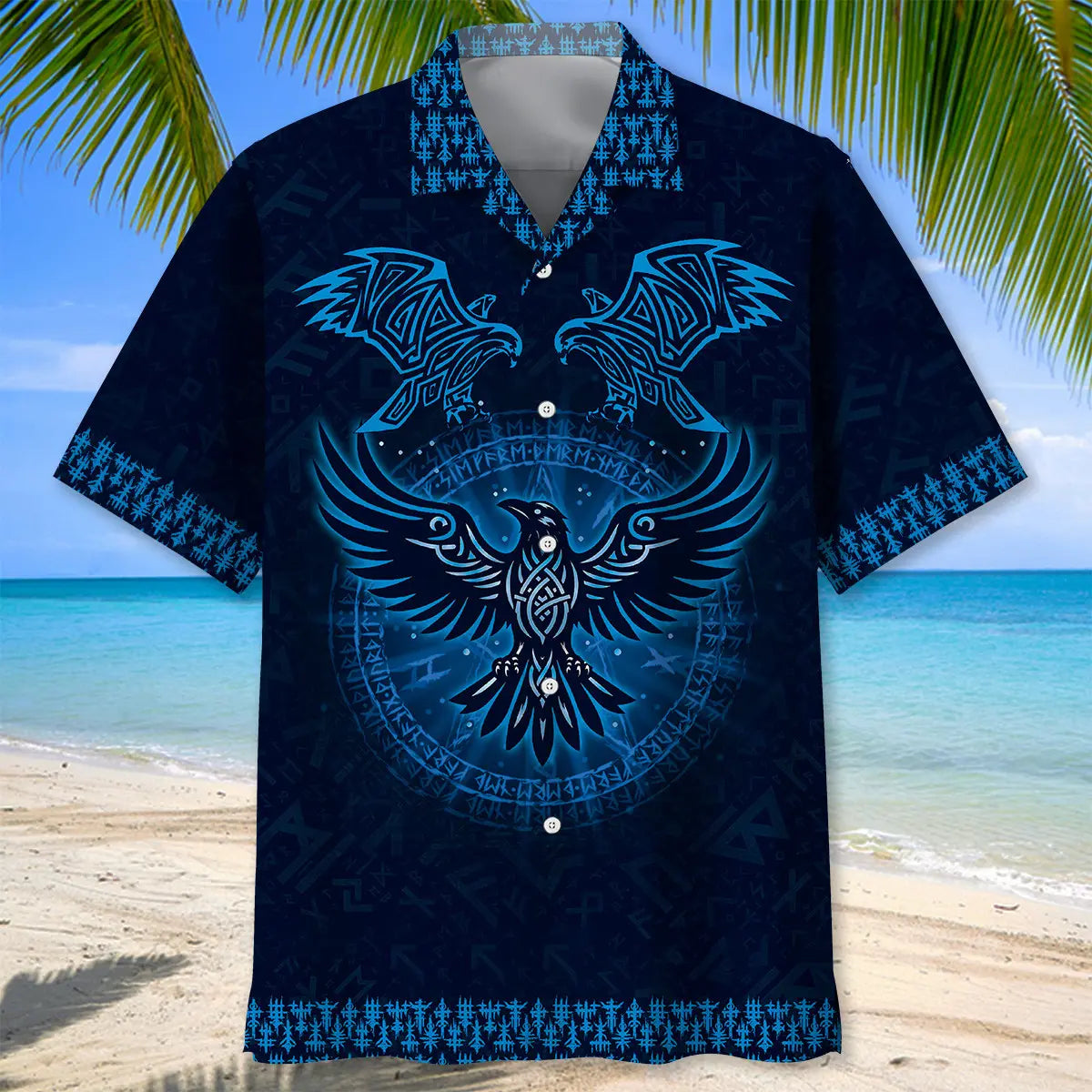 Viking Raven Hawaiian Shirt For Summer Vacation, Beach Travel, And Casual Wear