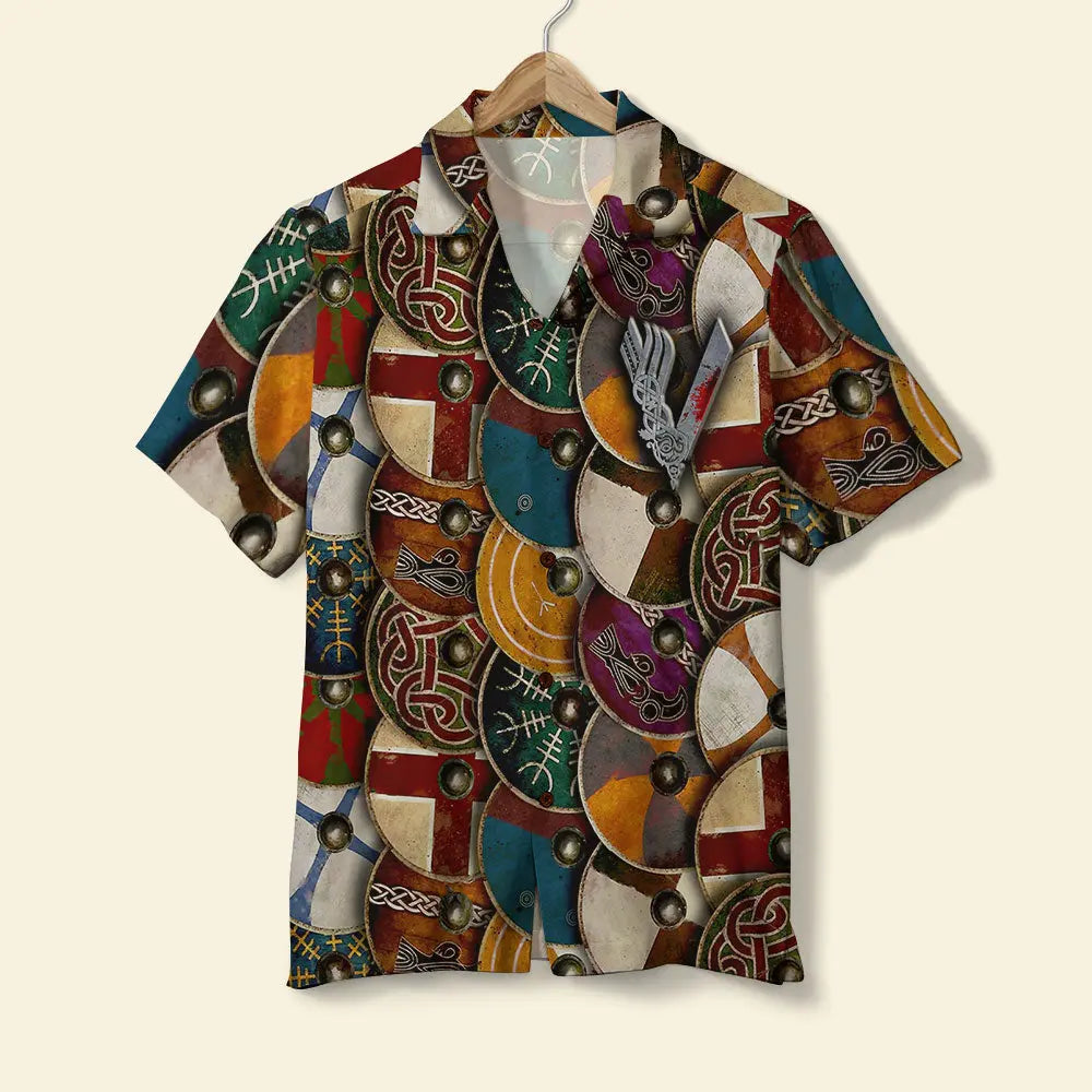 Island Summer Viking Shield Pattern Aloha Hawaiian Shirt For Summer Vacation, Beach Travel, And Casual Wear