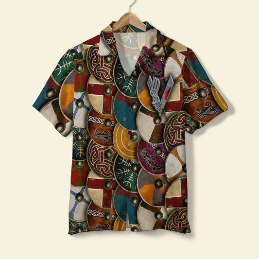 Island Summer Viking Shield Pattern Aloha Hawaiian Shirt For Summer Vacation, Beach Travel, And Casual Wear