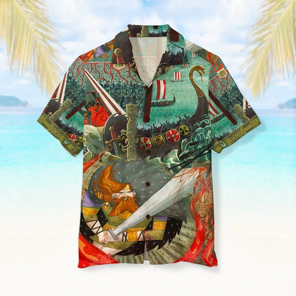 Creative Island Summer Viking Aloha Warrior Doodle Hawaiian Shirt For Summer Vacation, Beach Travel, And Casual Wear