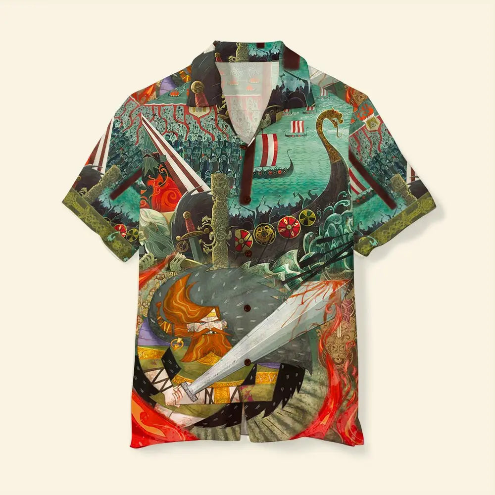 Creative Island Summer Viking Aloha Warrior Doodle Hawaiian Shirt For Summer Vacation, Beach Travel, And Casual Wear