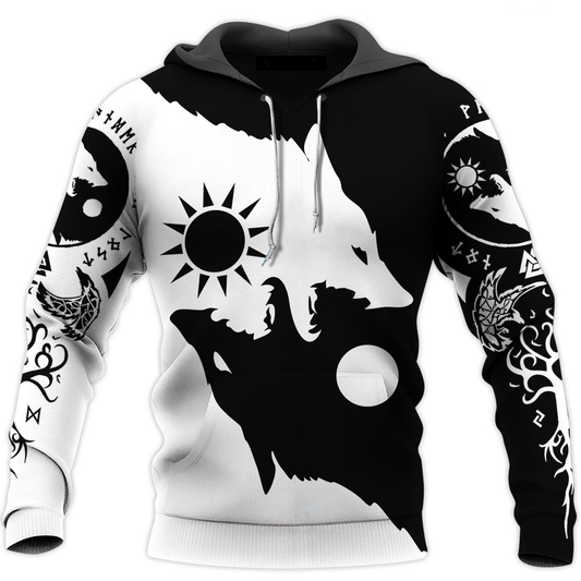 Black White Viking Wolf Moon Hoodie For Viking Inspired Streetwear Holidays And Thoughtful Gifts