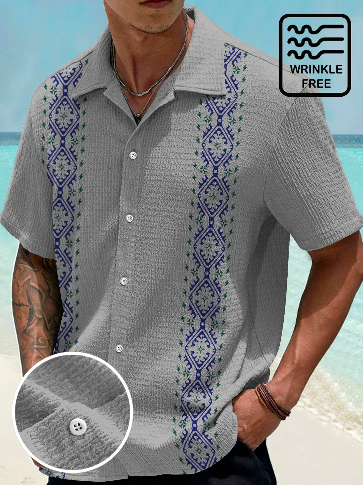 Vintage Bowling Ethnic Pattern Seersucker Hawaiian Shirt For Coastal Travel, Casual Events, And Comfortable Summer Wear
