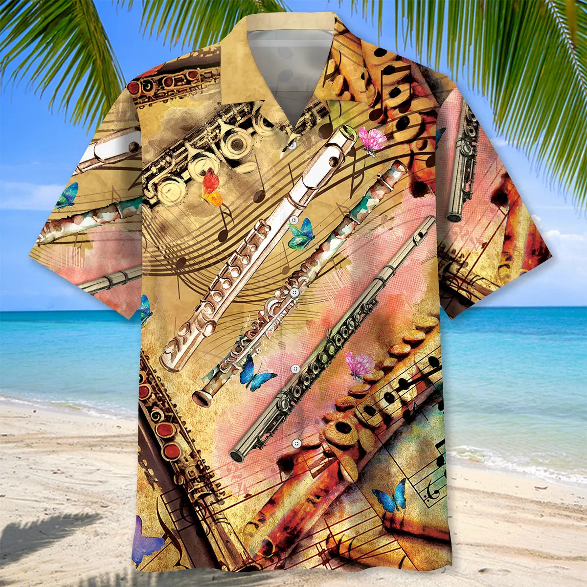 Vintage Classic Flute Hawaiian Shirt For Summer Vacation, Beach Travel, And Casual Wear