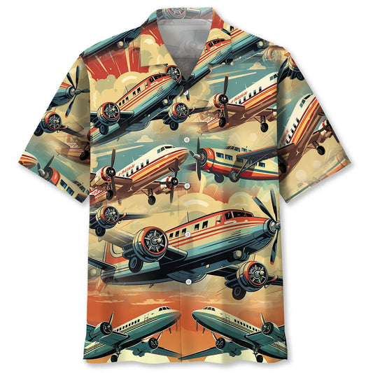 Vintage Colorful Airplane Hawaiian Shirt For Summer Vacation, Beach Travel, And Casual Wear