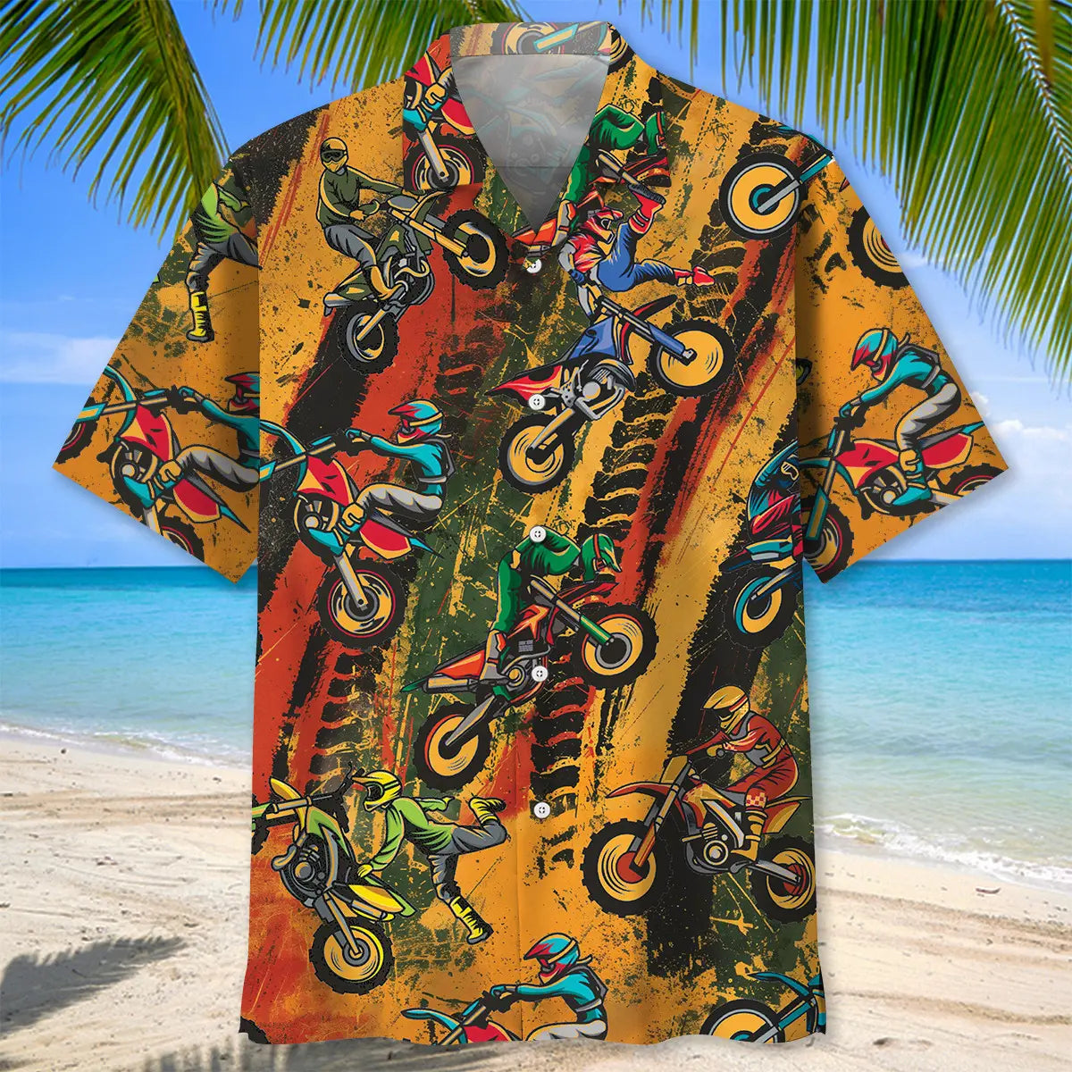 Vintage Dirt Bike Racing Funny Art Hawaiian Shirt For Warm Weather Outing, Summer Gathering, And Coastal Style