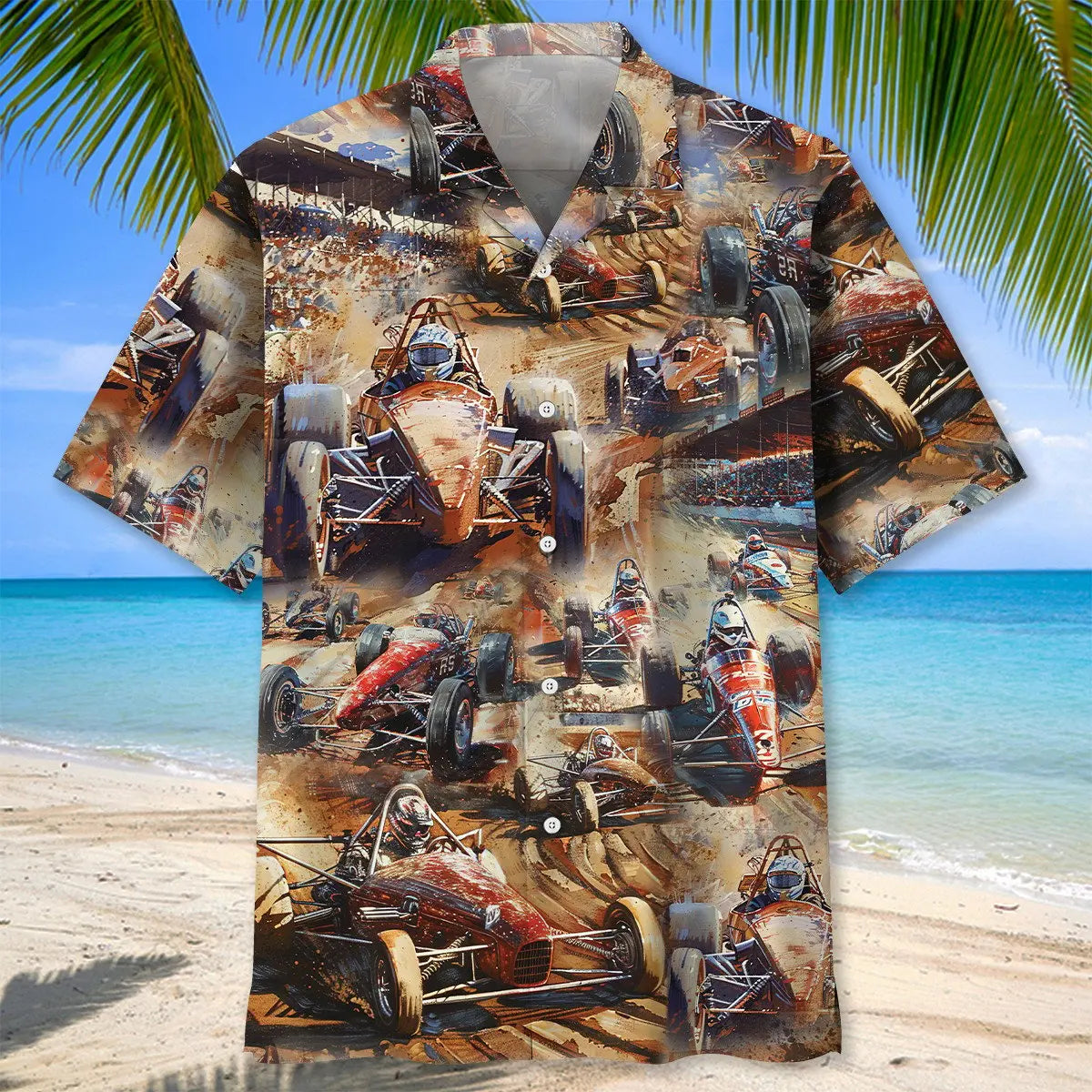 Vintage Dirt Track Racing Sprint Car Hawaiian Shirt For Island Adventure, Vacation Cruise, And Summer Event Style