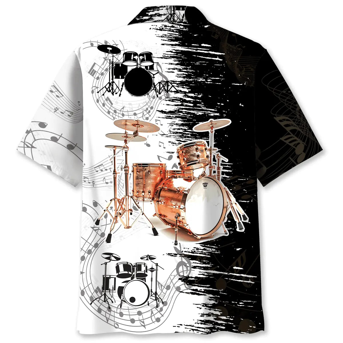 Vintage Drum Black White Hawaiian Shirt For Island Vacations, Resort Wear, And Relaxed Seasonal Style