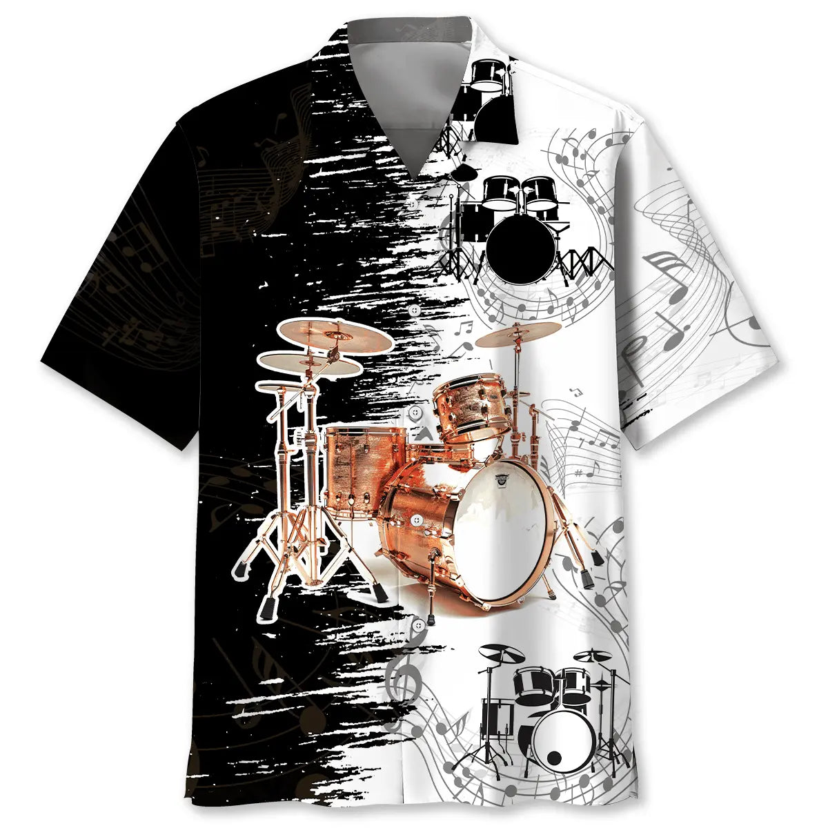 Vintage Drum Black White Hawaiian Shirt For Island Vacations, Resort Wear, And Relaxed Seasonal Style