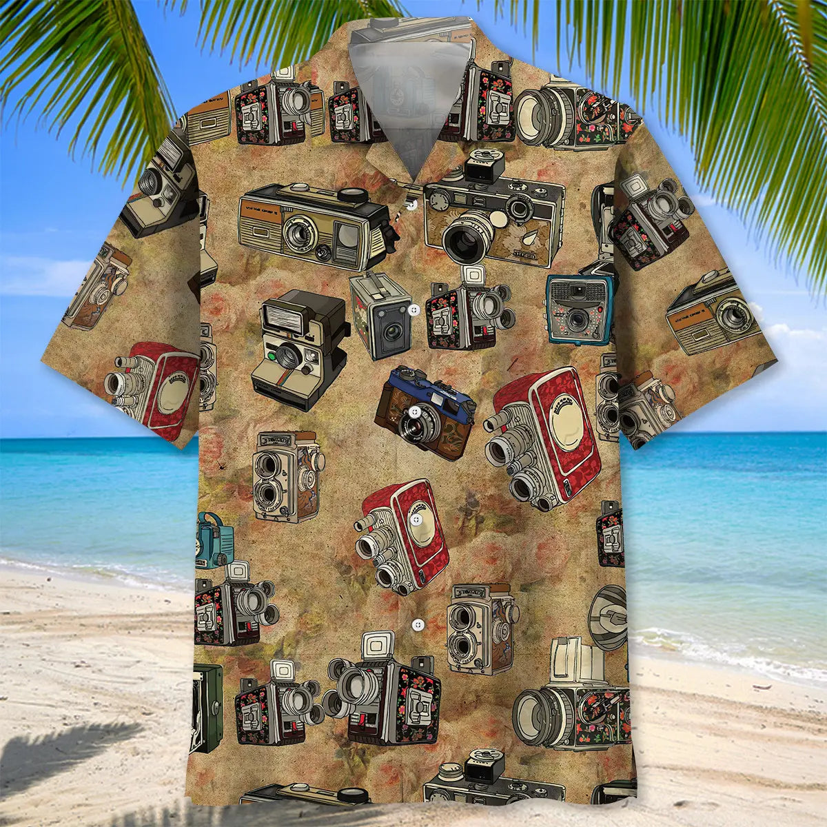 Vintage Floral Camera Hawaiian Shirt For Creative Weekends, Resort Travel, And Comfortable Summer Style