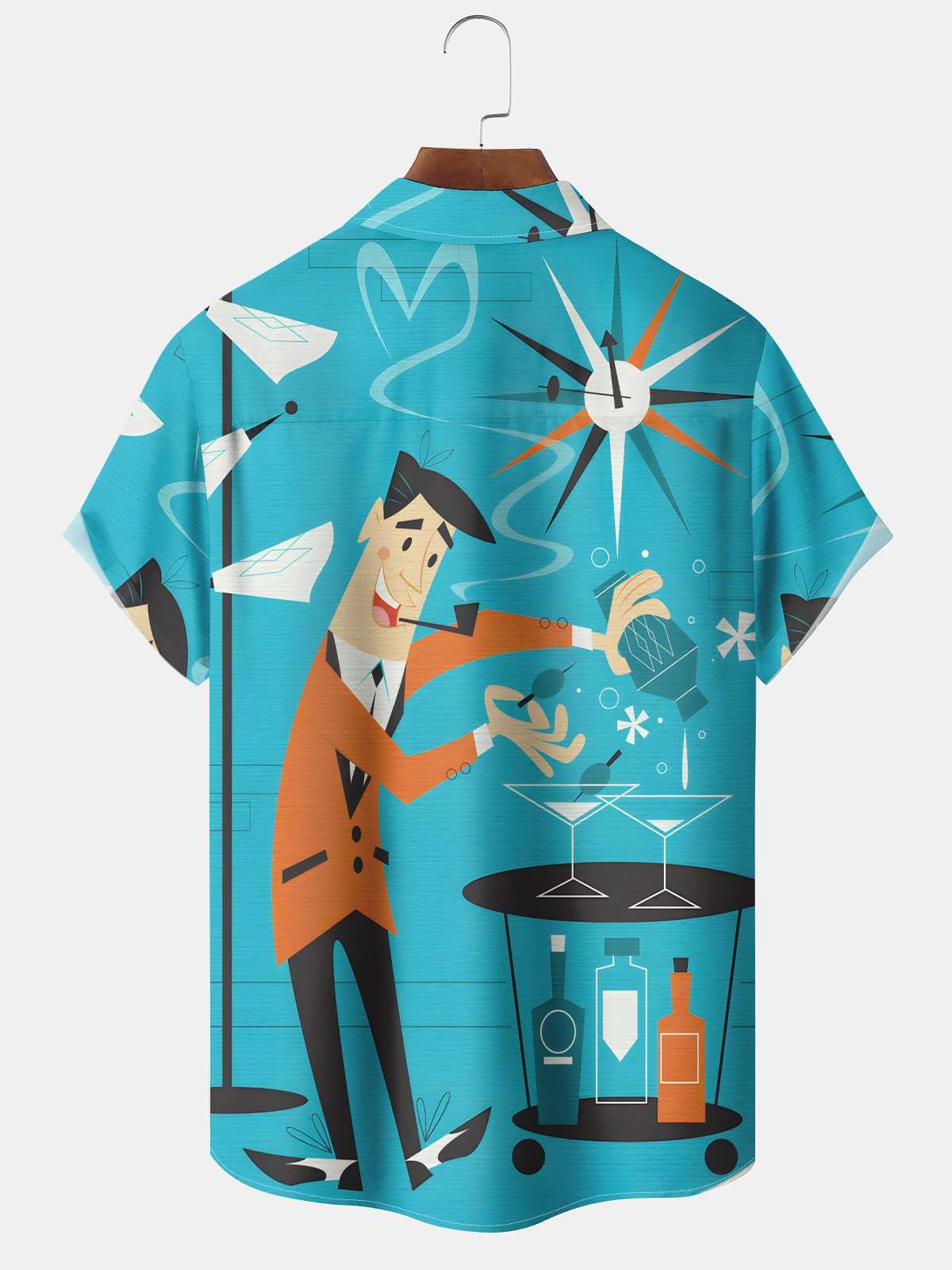 Vintage Modern Geometric Mid Century Cocktail Hawaiian Shirt For Summer Vacation, Beach Travel, And Casual Wear