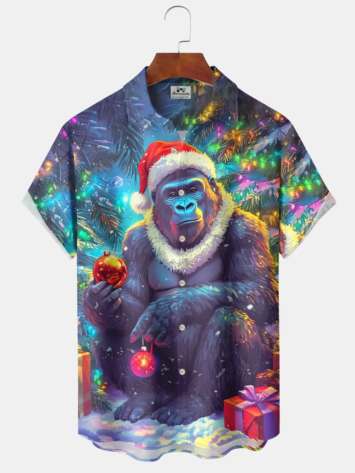 Vintage Funny Gorilla Christmas Lights Holiday Hawaiian Shirt For Summer Vacation, Beach Travel, And Casual Wear