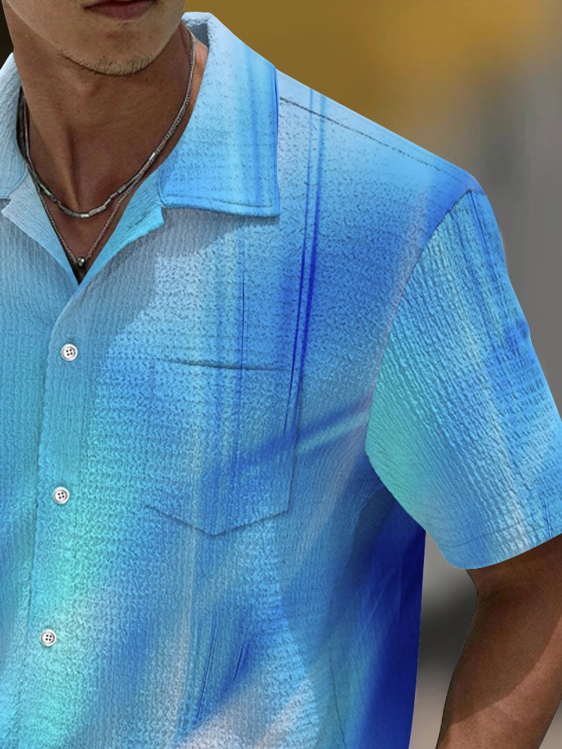 Vintage Gradient Seersucker Hawaiian Shirt For Island Vacations, Resort Wear, And Relaxed Seasonal Style