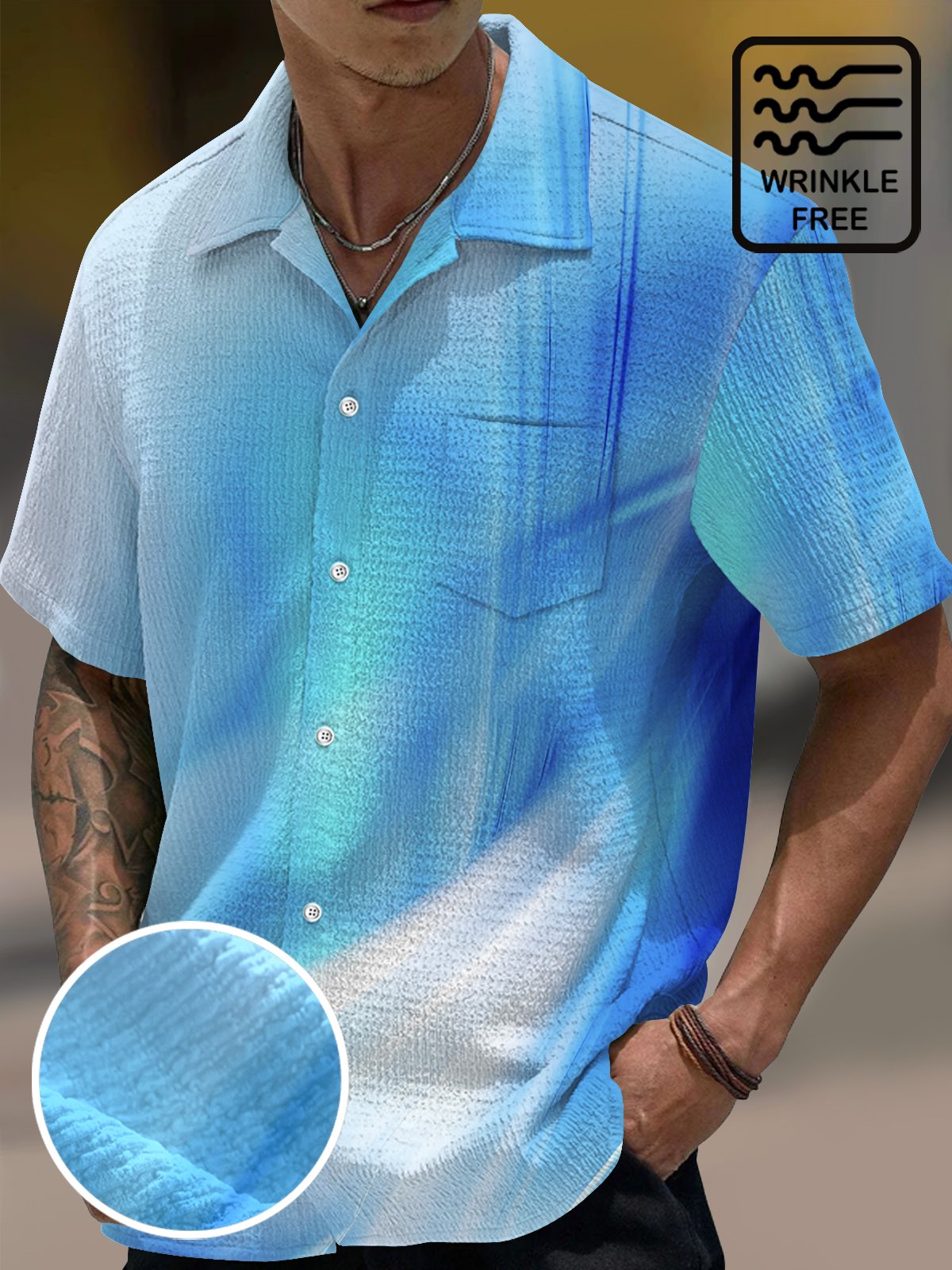 Vintage Gradient Seersucker Hawaiian Shirt For Island Vacations, Resort Wear, And Relaxed Seasonal Style
