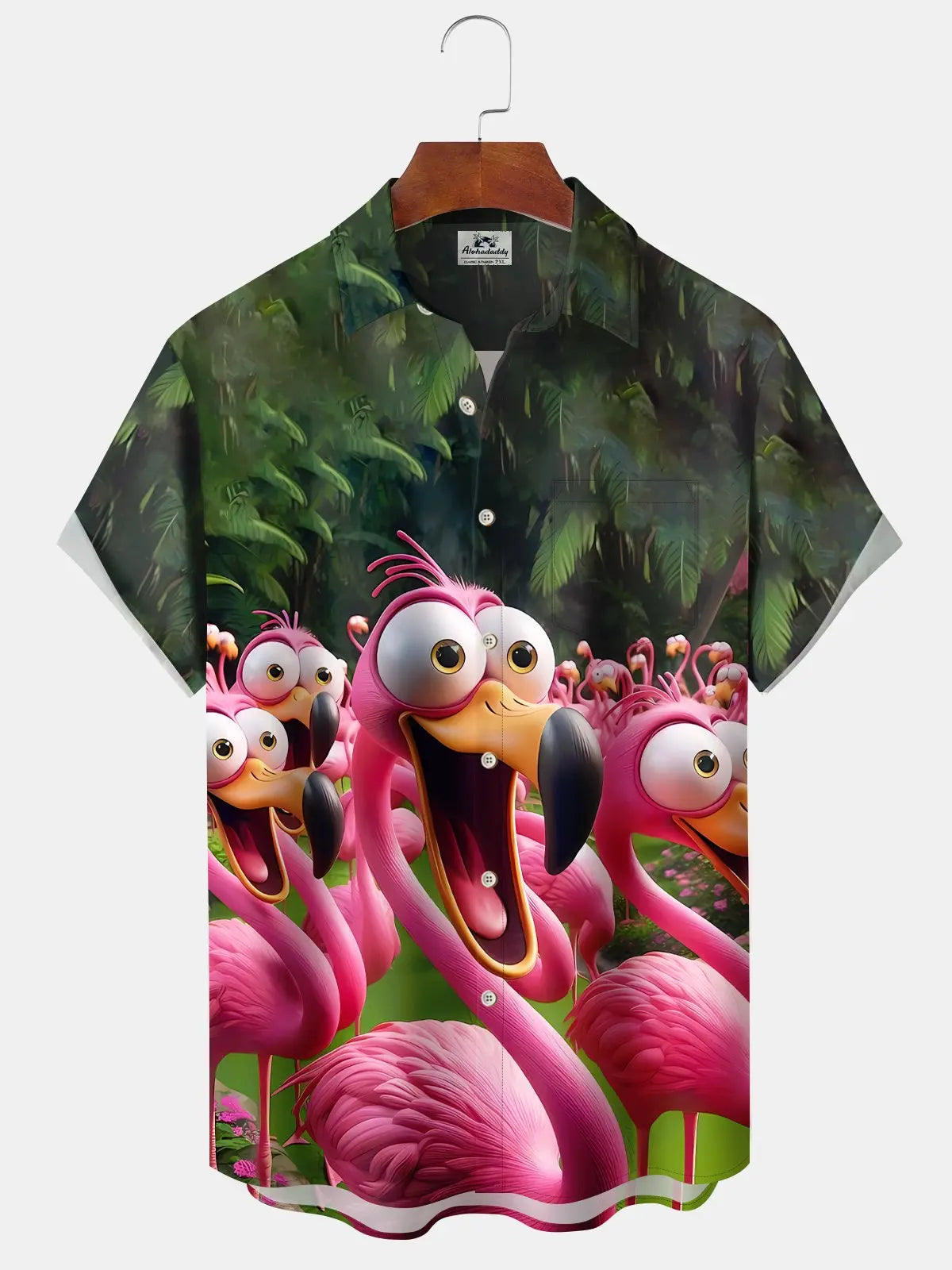 Vintage Tropical Beach Leaves Flamingo Cartoon Hawaiian Shirt For Resort Trips, Coastal Parties, And Warm Weather Style