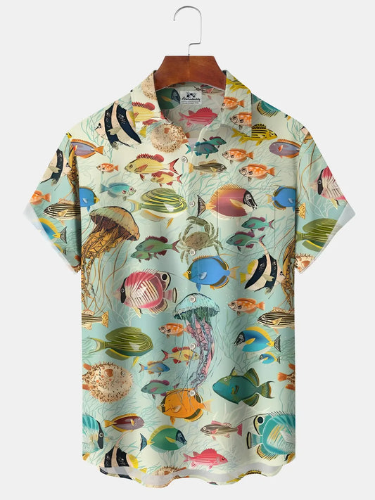 Vintage Tropical Sea Fish Gradient Vacation Hawaiian Shirt For Summer Vacation, Beach Travel, And Casual Wear
