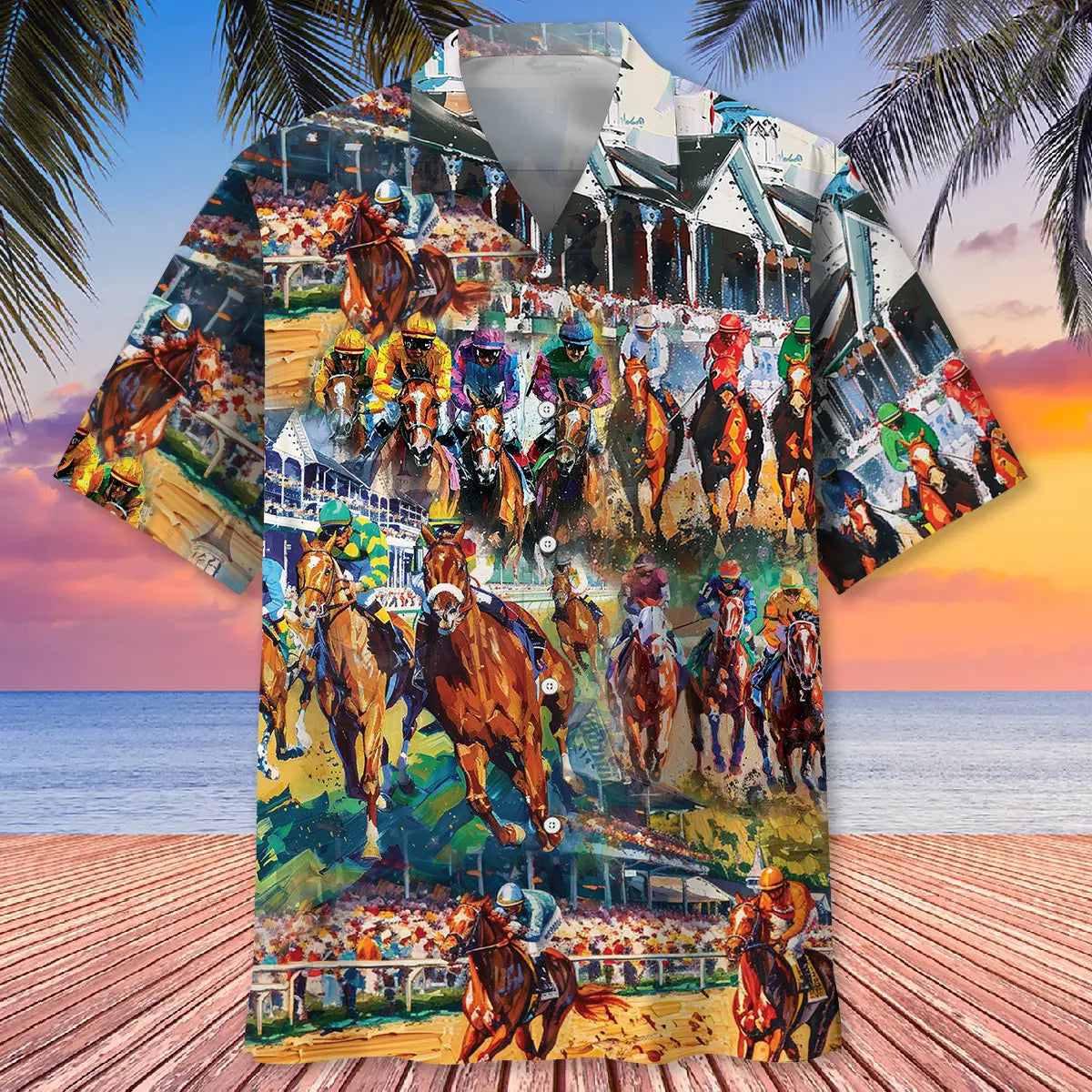 Vintage Creative Horse Racing Hawaiian Shirt For Motorsport Events, Beach Travel, And Thoughtful Gift Giving