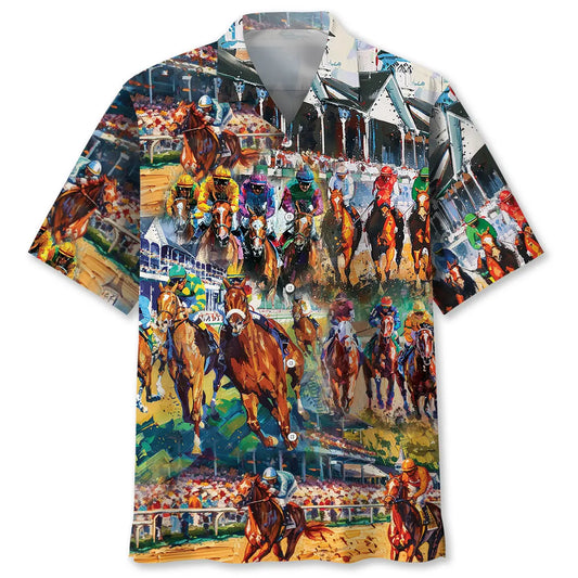 Vintage Creative Horse Racing Hawaiian Shirt For Motorsport Events, Beach Travel, And Thoughtful Gift Giving