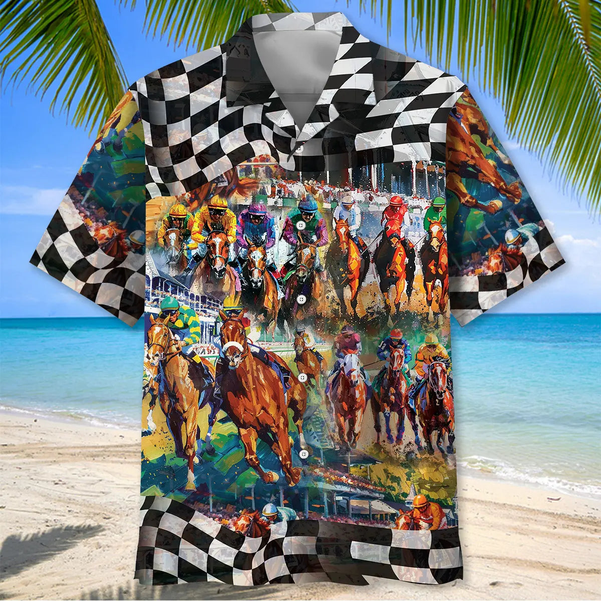 Vintage Horse Racing Checkered Hawaiian Shirt