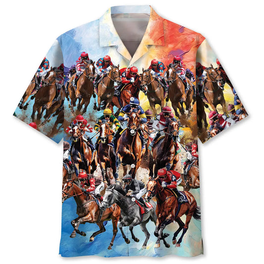 Vintage Horse Racing Hawaiian Shirt For Road Trip Adventures, Resort Days, And Comfortable Everyday Wear