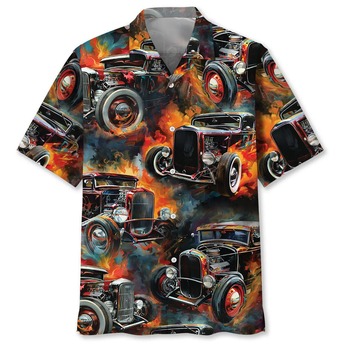 Vintage Creative Hot Rod Hawaiian Shirt For Road Trip Adventures, Resort Days, And Comfortable Everyday Wear