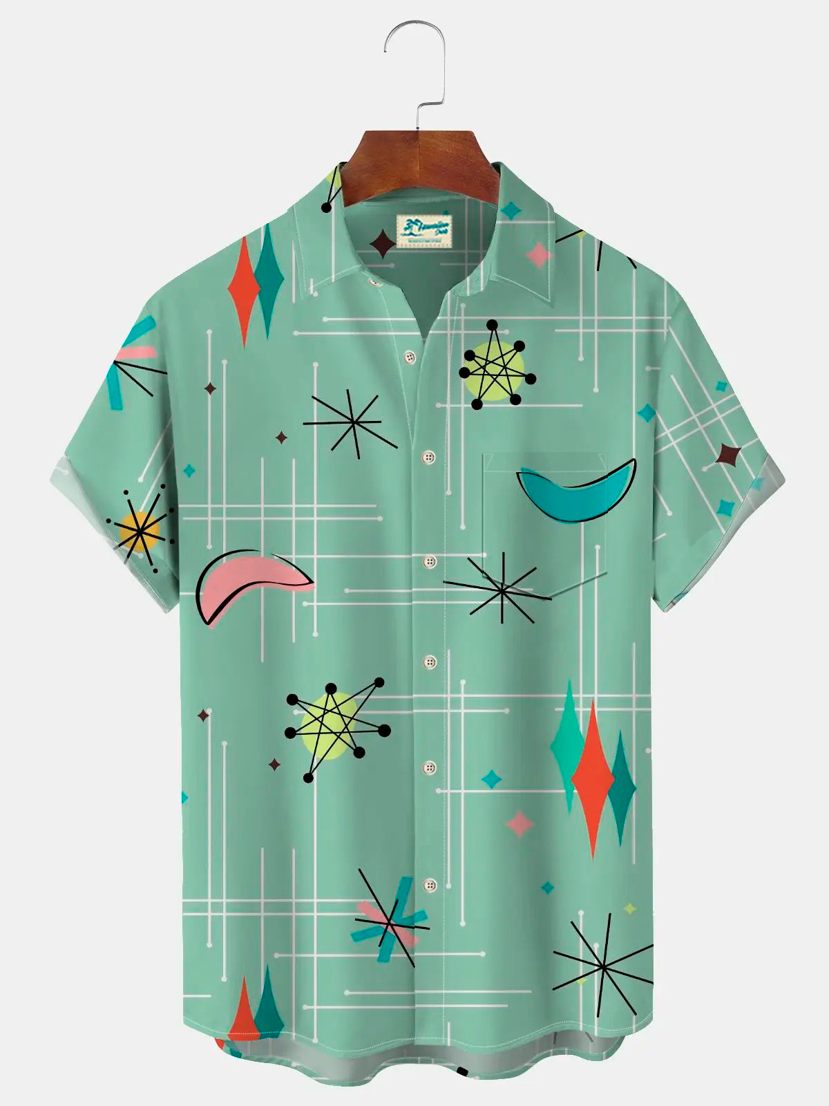 Vintage Mid Century Geometric Green Camp Shirts Tall Hawaiian Shirt For Summer Vacation, Beach Travel, And Casual Wear