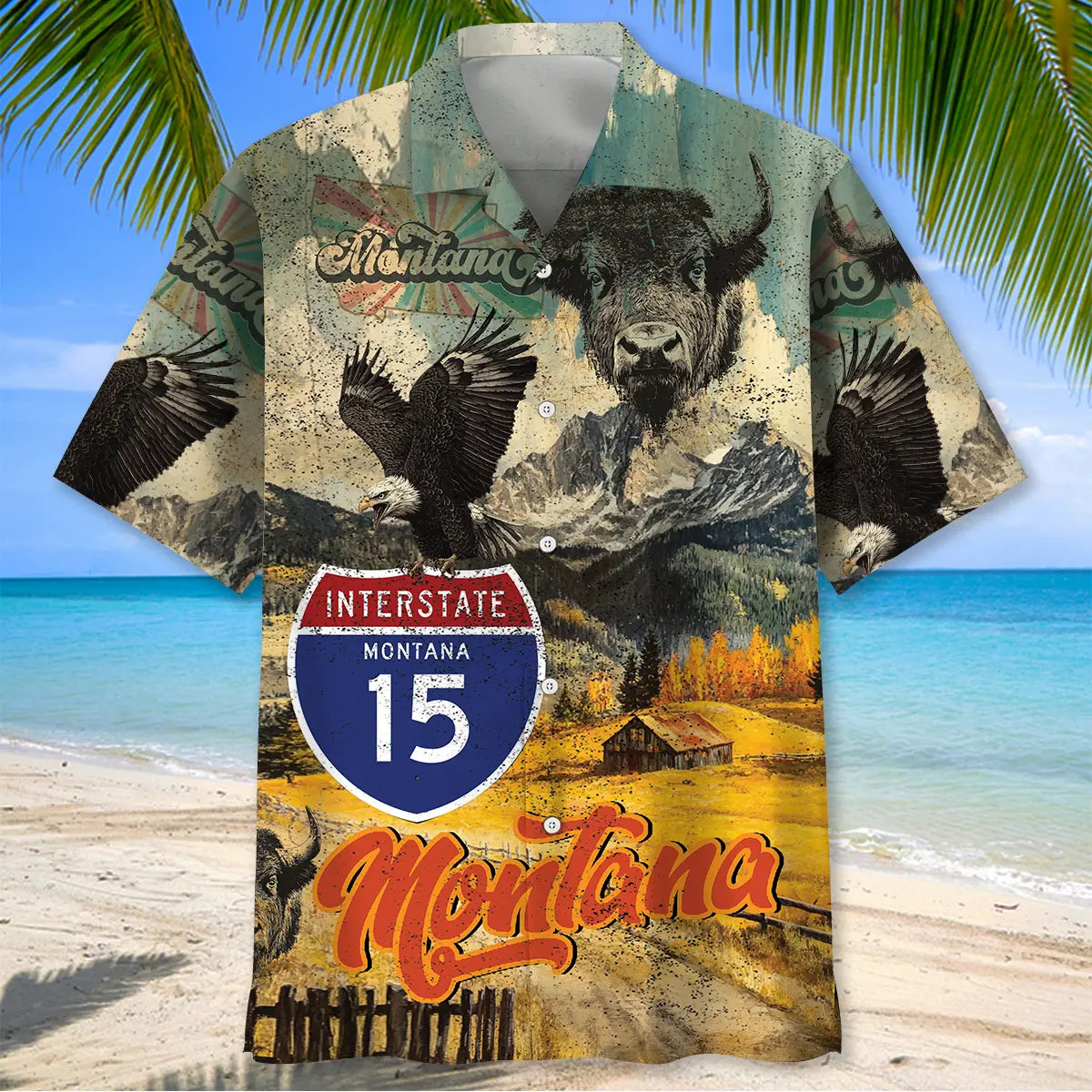 Vintage Montana Heritage Hawaiian Shirt For Summer Vacation, Beach Travel, And Casual Wear