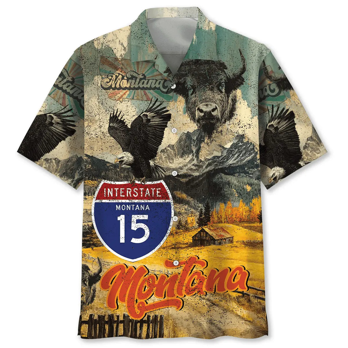 Vintage Montana Heritage Hawaiian Shirt For Summer Vacation, Beach Travel, And Casual Wear