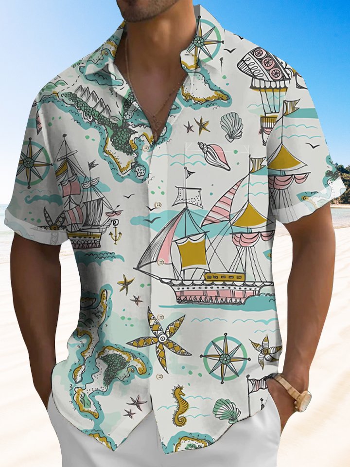 Vintage Nautical Ship Travel Map Hawaiian Shirt For Coastal Travel, Casual Events, And Comfortable Summer Wear