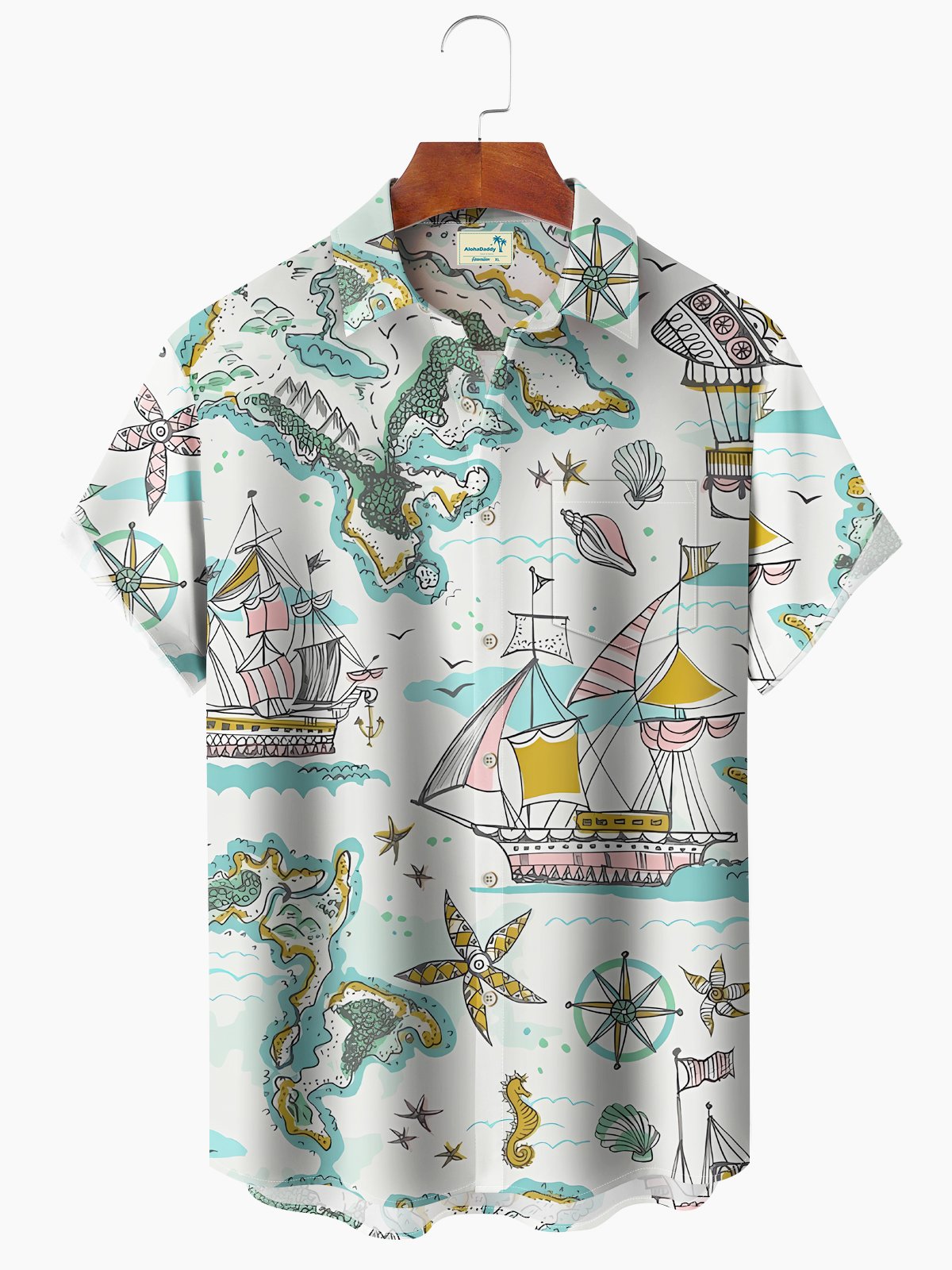 Vintage Nautical Ship Travel Map Hawaiian Shirt For Coastal Travel, Casual Events, And Comfortable Summer Wear