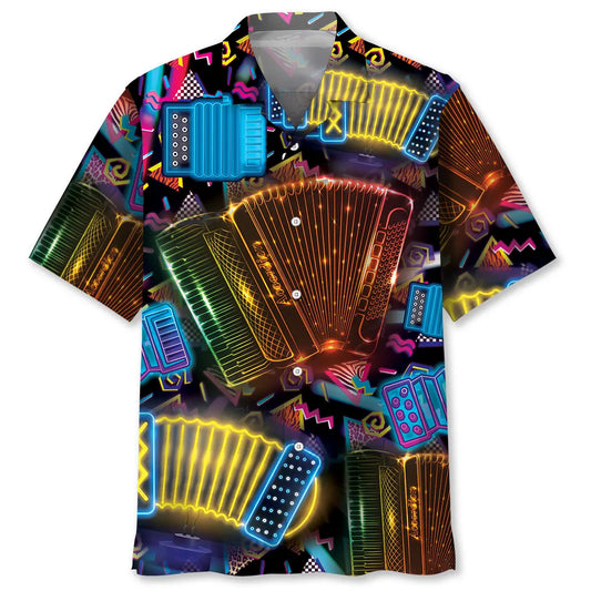 Vintage Neon Accordion Hawaiian Shirt For Island Vacations, Resort Wear, And Relaxed Seasonal Style