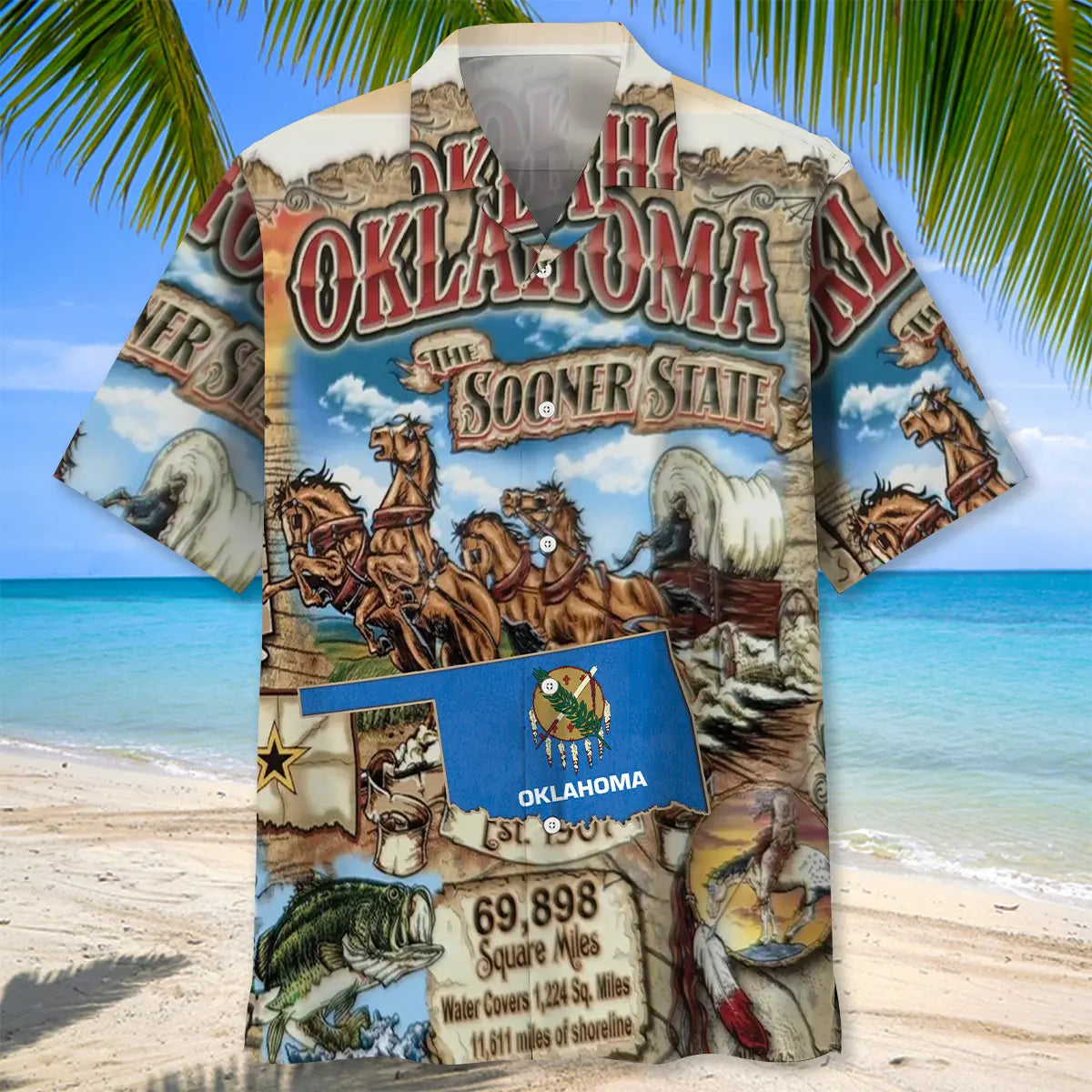 Vintage Oklahoma Art Proud Hawaiian Shirt For Tropical Holiday, Island Getaway, And Casual Outdoor Style