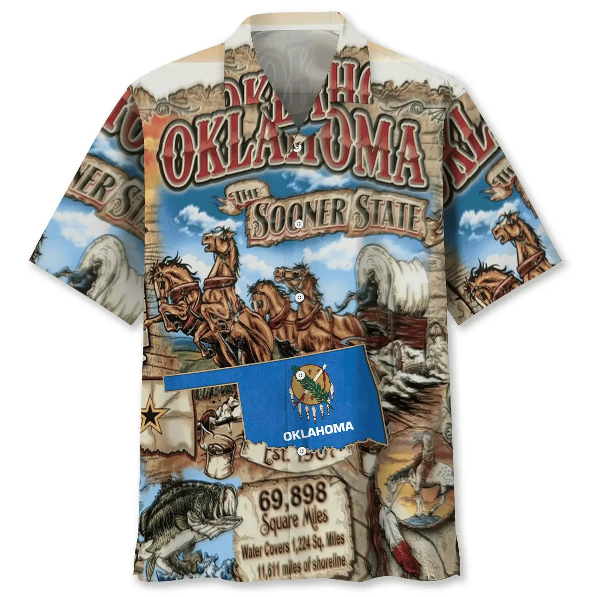 Vintage Oklahoma Art Proud Hawaiian Shirt For Tropical Retreat, Beach Travel, And Weekend Wear
