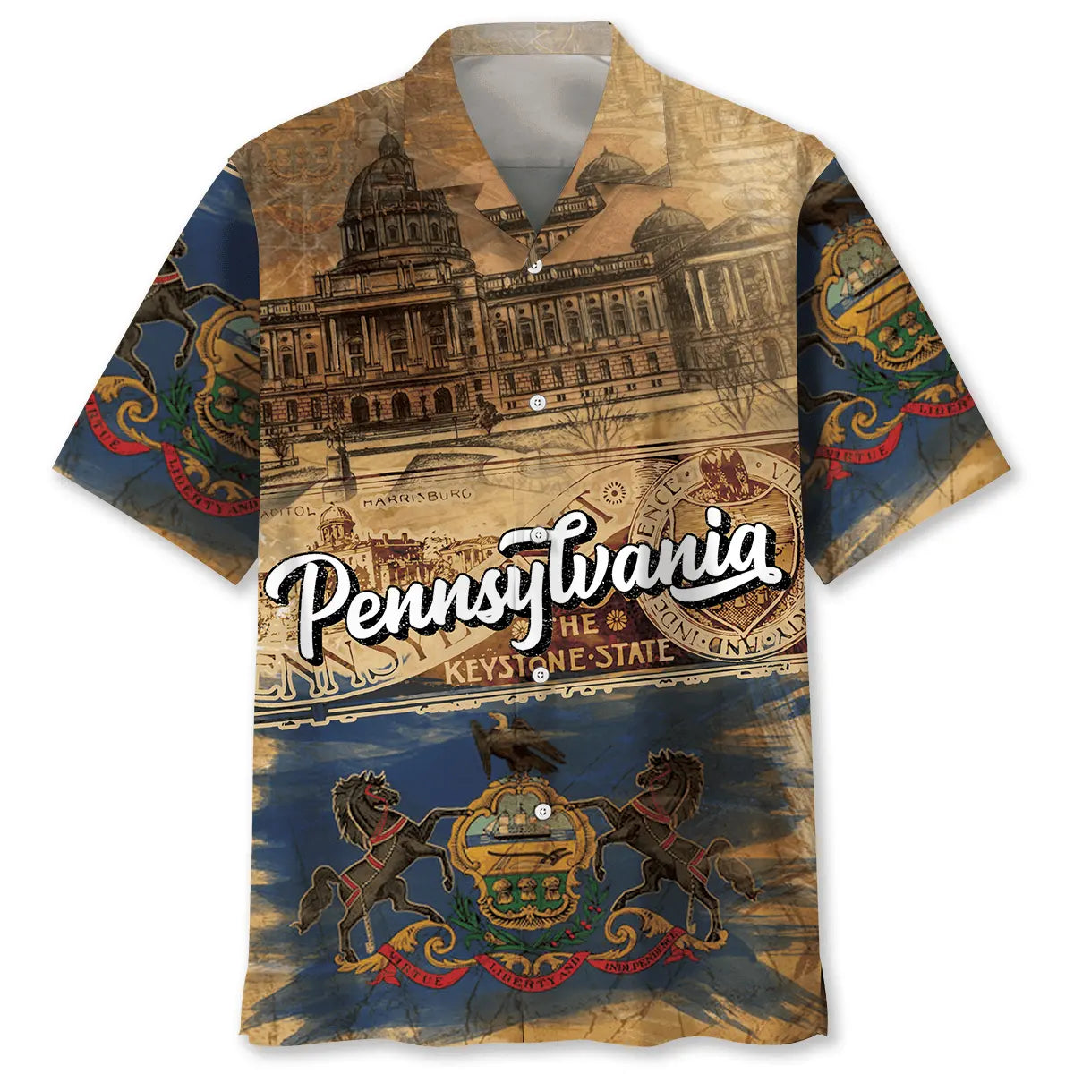 Vintage Pennsylvania Heritage Hawaiian Shirt For Summer Vacation, Beach Travel, And Casual Wear