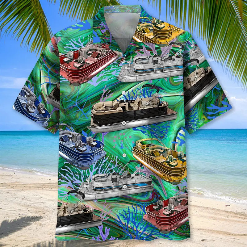 Vintage Pontoon Boat Hawaiian Shirt For Summer Gathering, Tropical Holiday, And Travel Ready Style