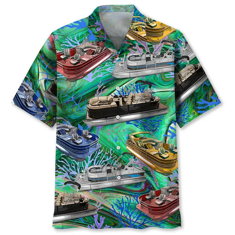 Vintage Pontoon Boat Hawaiian Shirt For Poolside Gathering, Summer Vacation, And Island Inspired Style