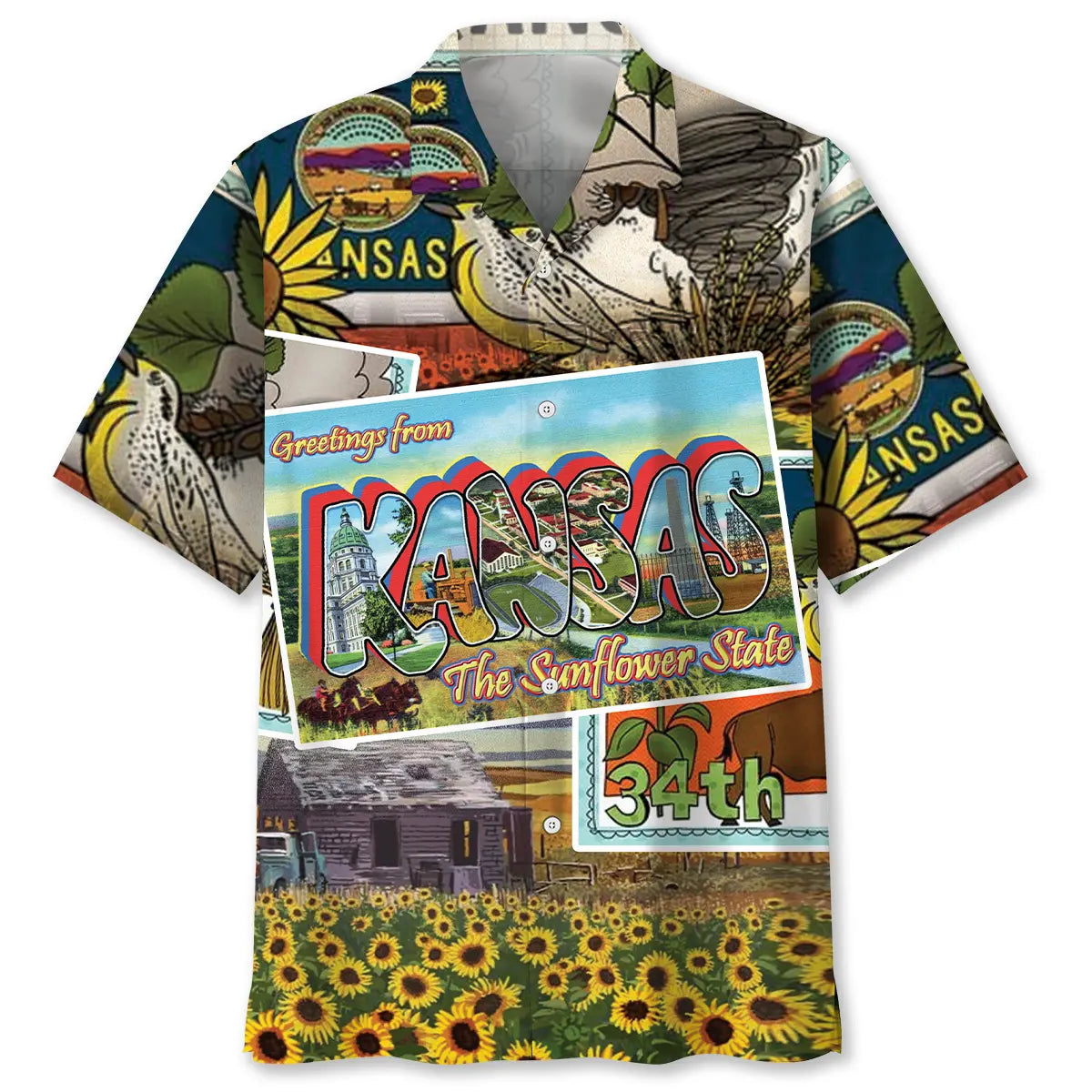 Vintage Postcard Kansas Hawaiian Shirt For Outdoor Event, Beach Travel, And Daily Summer Wear