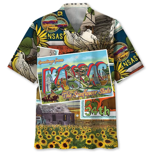 Vintage Postcard Kansas Hawaiian Shirt For Outdoor Event, Beach Travel, And Daily Summer Wear