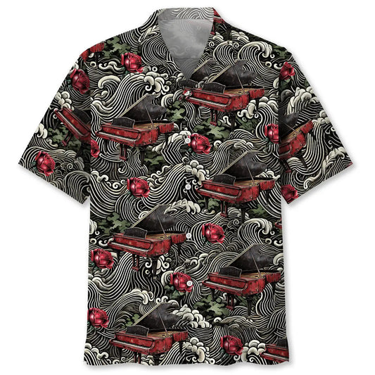 Vintage Red Grand Piano Rose Hawaiian Shirt For Summer Vacation, Beach Travel, And Casual Wear